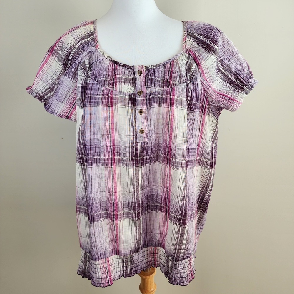 Purple Plaid Henley Blouse Womens Large Smocked Boho Top Flutter Shirt Cottage